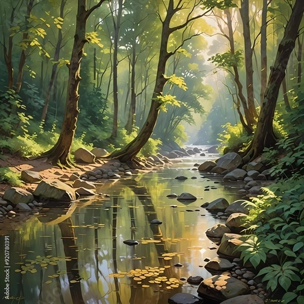 Fototapeta morning light in a mystical forest stream