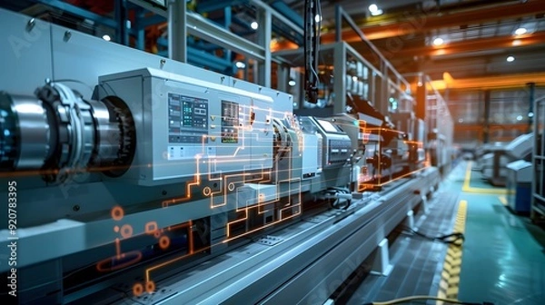 Fototapeta A large industrial facility with machines controlled by variable frequency drives, demonstrating precise energy management with dynamic visuals of power usage and efficiency