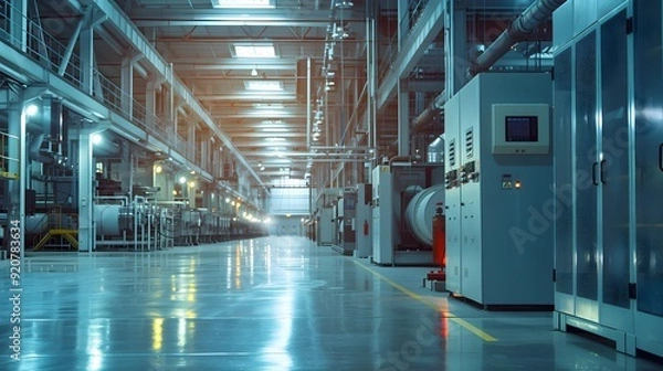 Fototapeta A large industrial facility with machines controlled by variable frequency drives, demonstrating precise energy management with dynamic visuals of power usage and efficiency