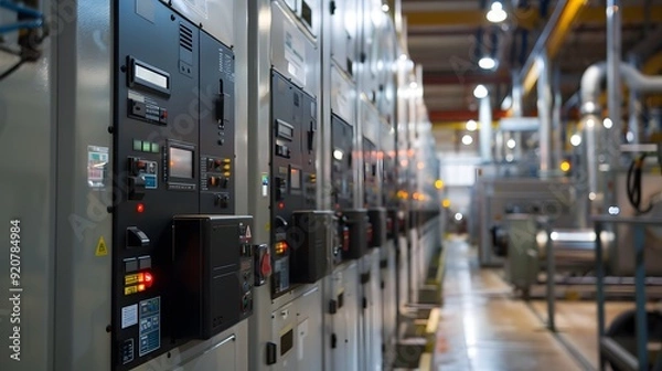 Fototapeta A large industrial facility with machines controlled by variable frequency drives, demonstrating precise energy management with dynamic visuals of power usage and efficiency
