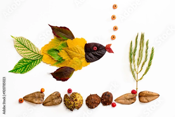 Obraz colorful autumnal leaves, creative ideas for children, composition, isolated creative fish swimming