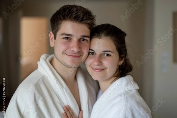 Fototapeta A happy young couple, dressed in white robes, is seen embracing and smiling warmly. The cozy indoor ambiance adds to the image's emotional depth and intimacy, perfect for stock use.