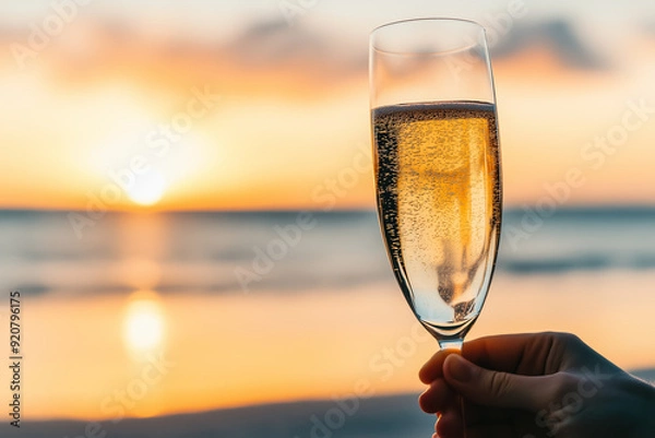 Fototapeta Stunning sunset backdrop of New Years eve toast on the beach 