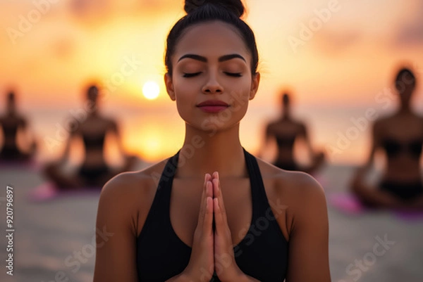 Obraz Yogis greeting New Years dawn with sun salutations on tropical sands 