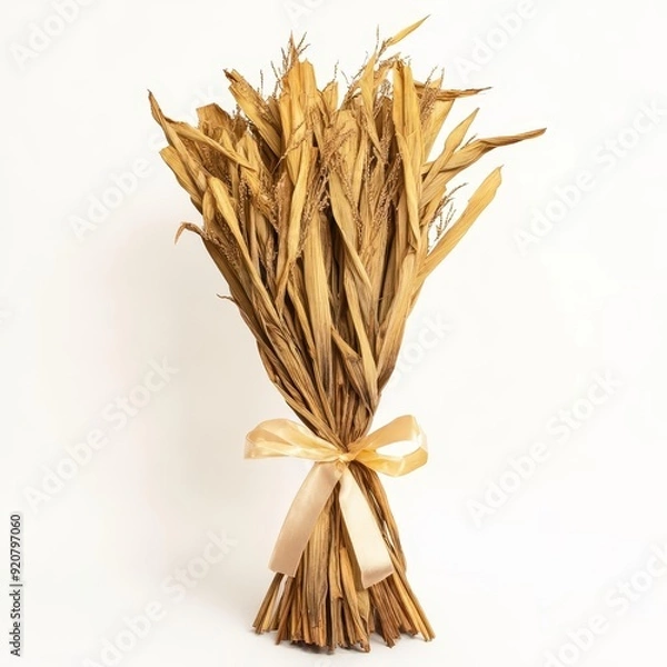 Fototapeta A bundle of dried cornstalks tied with a ribbon on a solid white background, single object