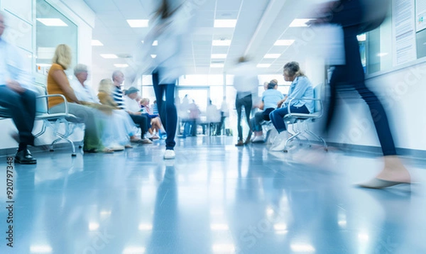 Obraz A busy hospital waiting area with patients sitting in chairs and blurred medical staff walking through the corridor, capturing the hustle of a healthcare environment