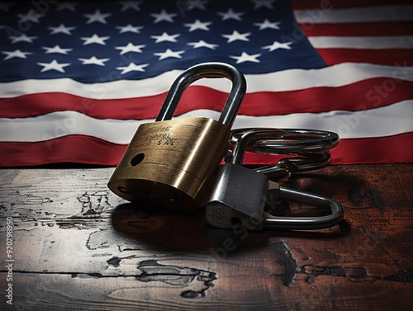 Fototapeta Luxurious Government shutdown us flag on wooden door closed with padlock
