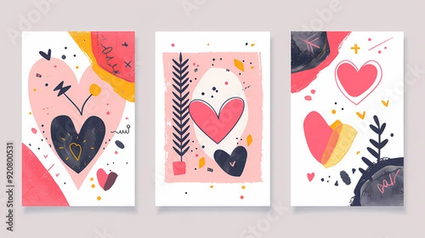 Fototapeta Creative concept of Happy Valentines Day cards set. Modern abstract art design with hearts and geometric shapes. Templates for celebration vecter image