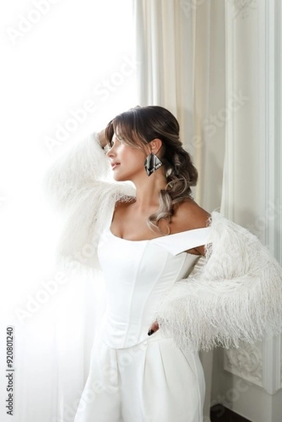 Obraz In a light-filled room, a beautiful brunette of middle age is seen wearing a white outfit