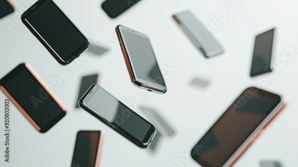 Fototapeta Numerous smartphones floating in mid-air against a light background