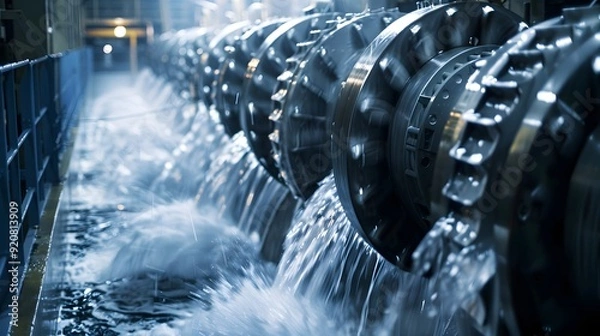 Fototapeta A detailed close-up of hydraulic turbines in a hydroelectric power plant, with water rushing through the blades, driving the massive machines that convert kinetic energy into electricity