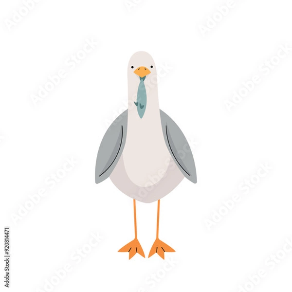 Obraz Gray seagull with a fish, character. Vector illustration