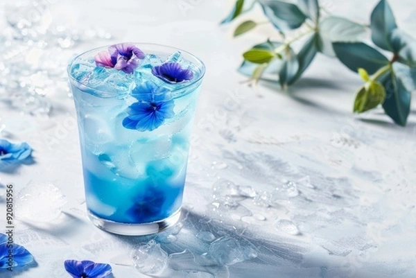 Fototapeta Non-alcoholic 'Blue Ocean' cocktail with passion fruit, grapefruit and curacao. Beautiful simple AI generated image in 4K, unique.