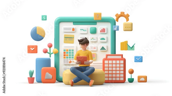 Fototapeta 3D Flat Icon: Person Using Mobile App for Tax Calculation on Clean White Background   Taxpayer Filing Taxes Remotely