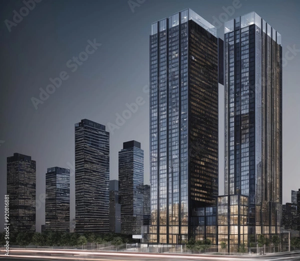 Obraz A city skyline with a tall building in the middle