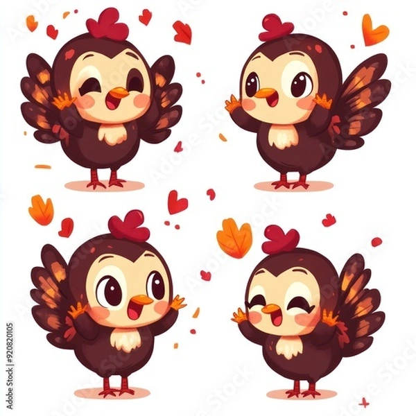 Fototapeta Cute Cartoon Turkey in Four Different Poses.