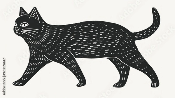 Fototapeta Hand carved block print cat in linocut style, textured silhouette childish vector illustration, isolated on white