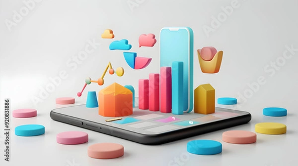 Fototapeta 3D Flat Icon Phone with Savings Tracker App Display   Isolated White Background