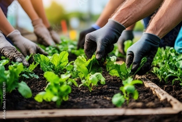 Fototapeta A close-up of multiple hands wearing gloves, working diligently to tend to green leafy plants in a well-maintained garden bed, representing teamwork and nurturing nature.