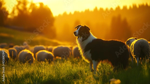 Fototapeta A Border Collie puppy running through a grassy field with sheep and a meadow in the background