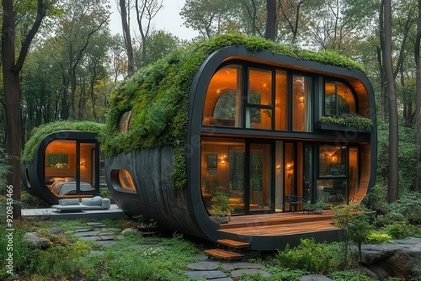 Fototapeta ecofriendly tiny house utopia cluster of sustainable microhomes living roofs solar panels communal gardens nestled in lush forest setting