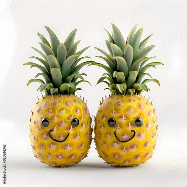Obraz Two_smiling_pineapple_fruits_side_by_side_on_a_white_background