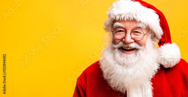 Fototapeta Cheerful Santa Claus in a red suit and glasses on a yellow background, copy space. Christmas and New Year concept. Advertising banner.