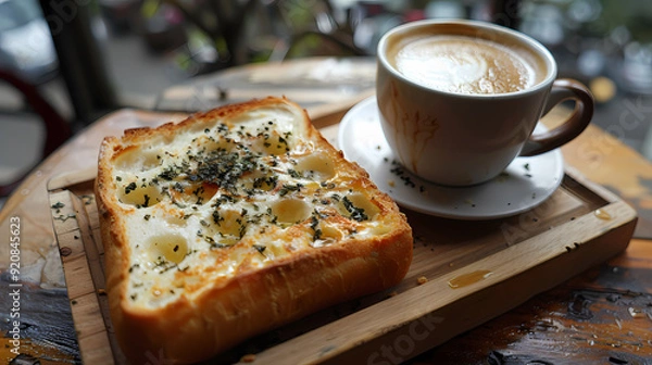 Fototapeta hot tea ,Grilled Butter Bread Topped with sweetened condensed milk / Cappuccino