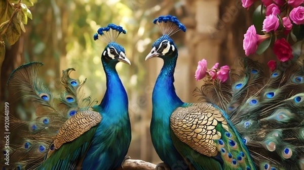 Fototapeta A picture of a peacock with its feathers spread out