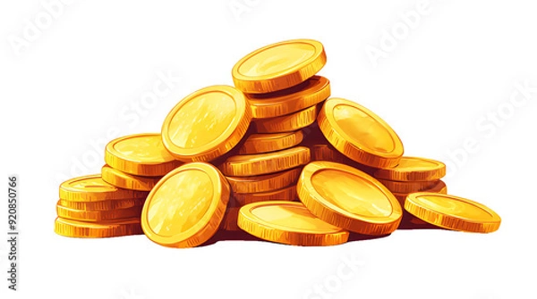 Fototapeta Stacks of yellow gold coins cartoon Illustration isolated on cut out PNG or transparent background. Money coin stack pile. Business and finance concept design and ancient treasures.