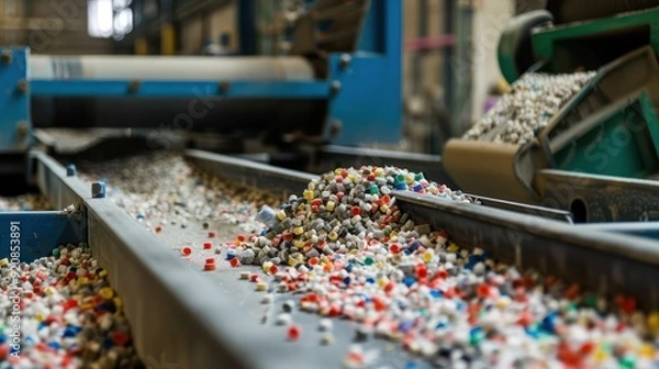 Fototapeta Plastic processing into plastic pellets for reuse in production, circular economy