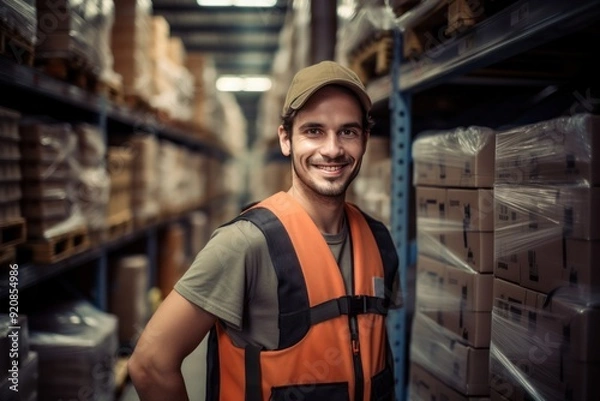 Fototapeta a male warehouse worker in a vest and cap stands against the background of a warehouse with boxes