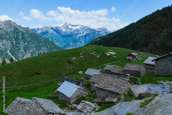 Fototapeta The Alpe Ledine with its typical houses and high mountain pastures, near the town of Chiavenna, Lombardy - June 15, 2024