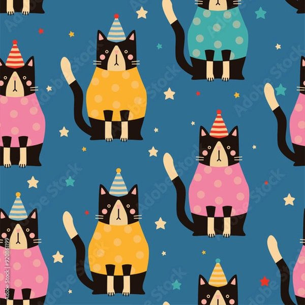 Fototapeta Seamless pattern of cats on blue background. 