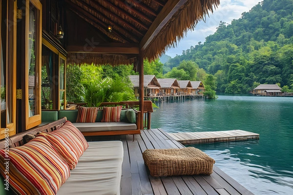 Obraz Serene waterfront view featuring cozy seating, lush greenery, and tranquil waters perfect for relaxation and peace.