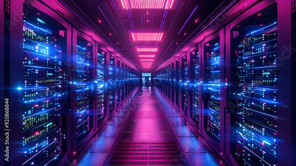 Fototapeta Vector cartoon corridor in a spaceship,Data Center With Illuminated Server Racks