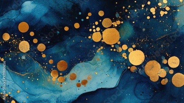 Fototapeta Golden elements, Art, Geometry, Abstract, Color, Color mixing, Watercolor, Gold dots, Gold lines, Dark blue, Golden brown