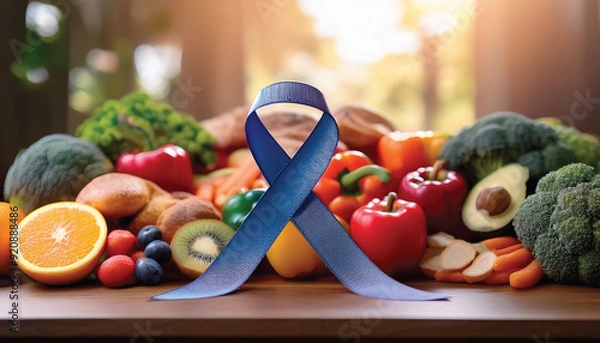 Fototapeta A blue awareness ribbon amidst fresh fruits and vegetables signifies health and wellness advocacy, world diabeted day cancept