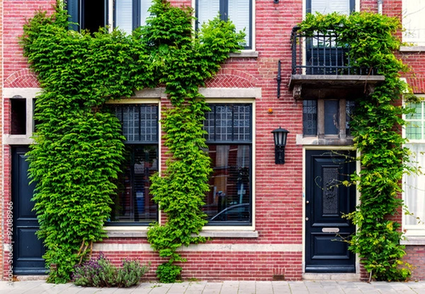 Fototapeta Modern building covered with green ivy. Netherlands
