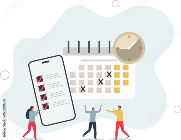 Fototapeta Cartoon tiny people schedule business tasks of month in calendar timetable.organize important appointment in organizer mobile app.flat design with people.