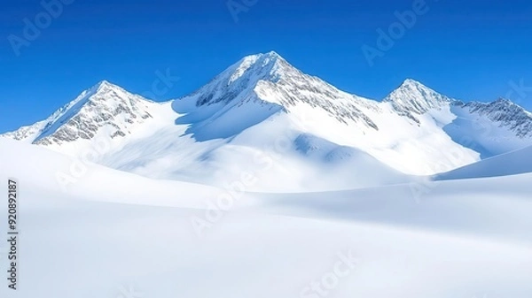 Fototapeta Snow-covered mountain landscape, peaks glistening in the sunlight, clear blue sky, untouched white snow, serene and majestic view, copy space for adventure and winter themes