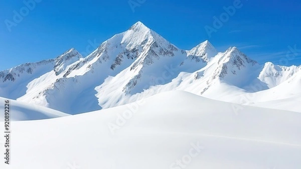 Fototapeta Snow-covered mountain landscape, peaks glistening in the sunlight, clear blue sky, untouched white snow, serene and majestic view, copy space for adventure and winter themes