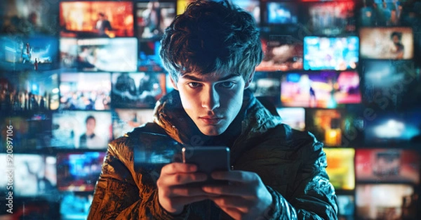 Fototapeta Young man with phone against a background of multiple screens