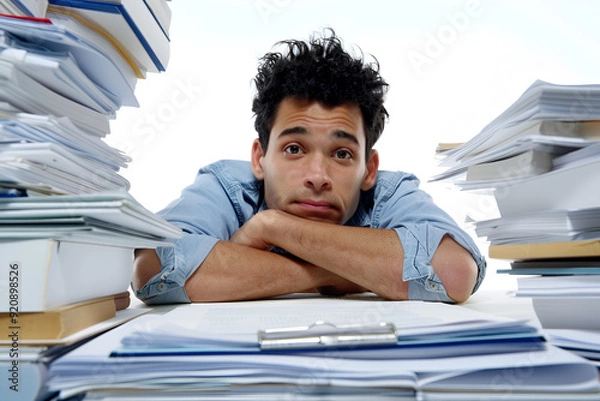 Obraz Overwhelmed young man with paperwork stacks
