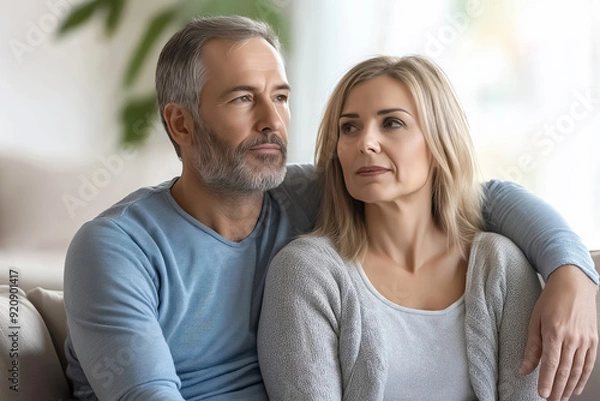 Fototapeta Middle-aged man is comforting his wife while they are both deep in thought about their future