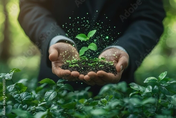 Fototapeta Business professional highlighting ESG 2025 on a digital platform, emphasizing sustainable development, green business initiatives, and environmental management strategies