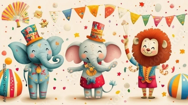 Obraz Adorable cartoon elephants and lions dressed in circus costumes, with a cheerful ringmaster and bright circus decorations