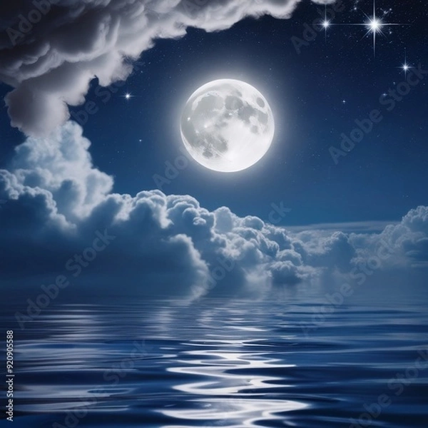 Fototapeta Moon With Clouds And Sky Over Blue Water