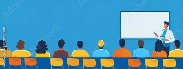Fototapeta  A man delivering a presentation to an audience, surrounded by a projector screen and a blue wall behind him