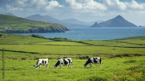Fototapeta Three Cows Grazing on a Green Pasture with a Scenic View of a Blue Sea and Mountains in the Background